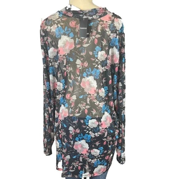 Torrid +6 Sheer Mesh Black Floral Mock Neckline Long Sleeve Pullover Blouse - Picture 4 of 6